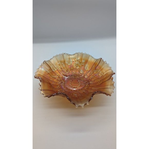 Northwood Good Luck Ruffled Bowl Ribbed Back Carnival Glass Vintage - Picture 9 of 12